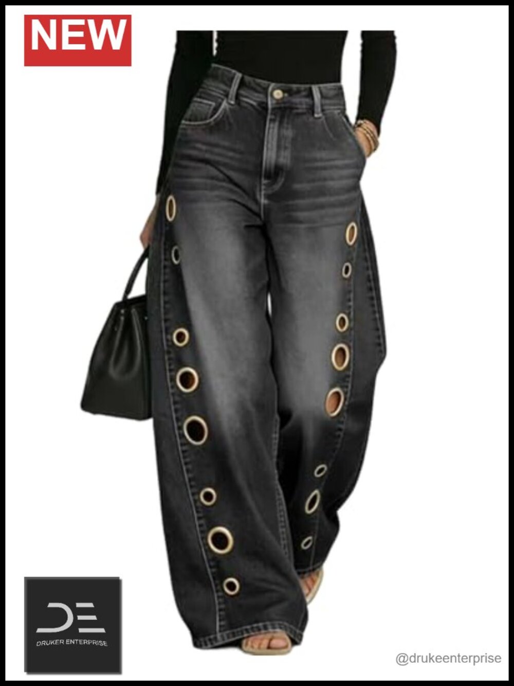 High Waisted Wide Leg Jeans with Grommet Eyelets Baggy Y2K Denim Pants